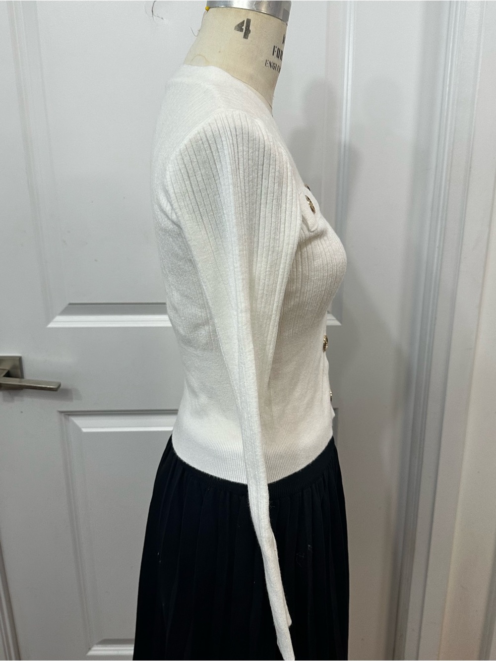Cream Ribbed V-Neck Button Cardigan Sweater - Picture 2 of 4